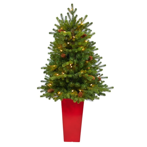 Nearly Natural 3.5' Holiday Fir Artificial Christmas Tree in Planter, Prelit with 50 Clear Lights