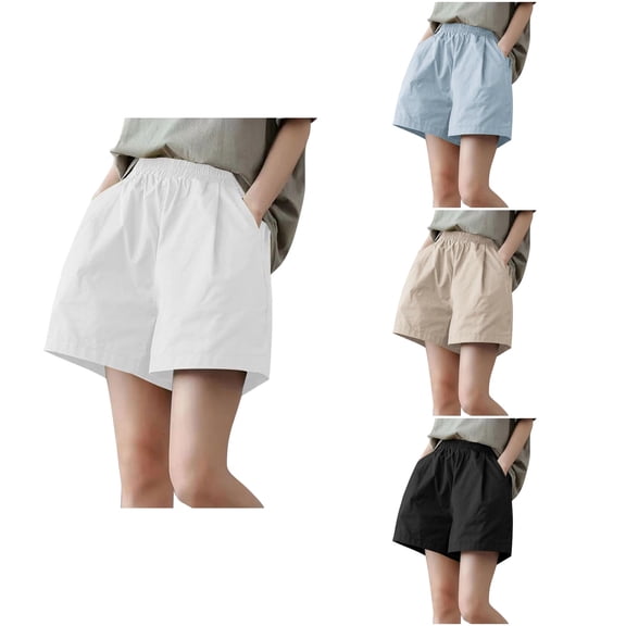 Loopsun Womens Summer Loose Casual Solid Elastic Waist Daily Wear Basic Shorts with Pockets Blue, L
