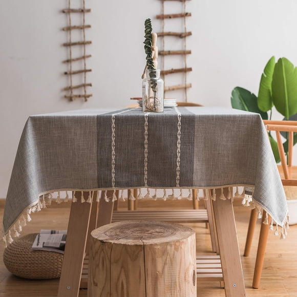 Mokani Middle Embroidery Table Cloth Washable Cotton Linen Tassel Tablecloth, Rectangle Wrinkle Free Anti-Fading Table Cover for Kitchen Dinning Than