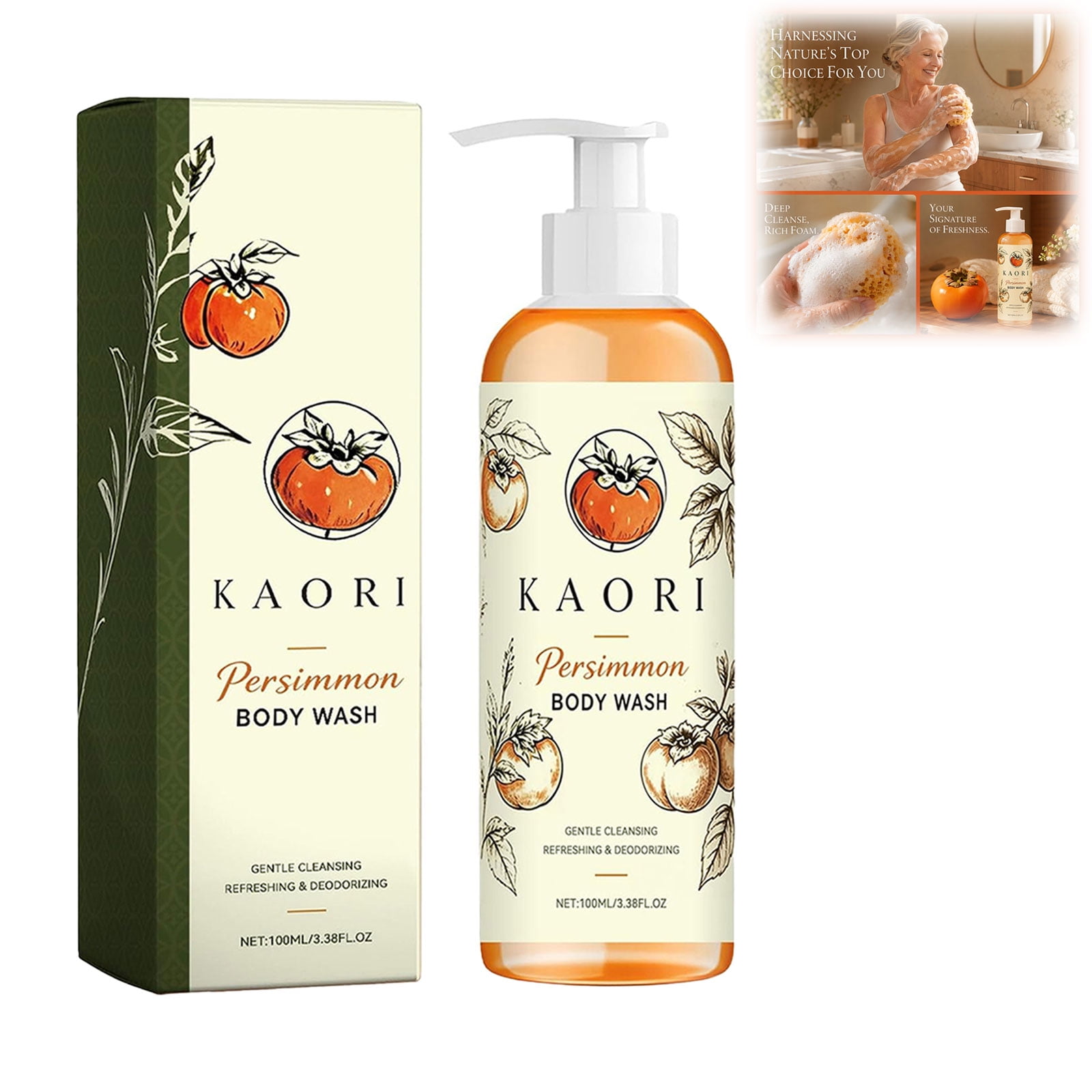 Kaori Persimmon Body Wash For Old People Smell, Feel Fresh And Clean, Renewing Purifying With Natural Persimmon, Deodorizing For Women Men(1pcs)