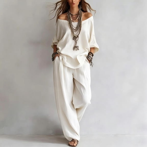 Floleo Women Solid Off Shoulder Batwing Sleeve Loose Top High Waist Draped Wide Leg Pants 2 Piece Boho Vacation Matching Outfit Set