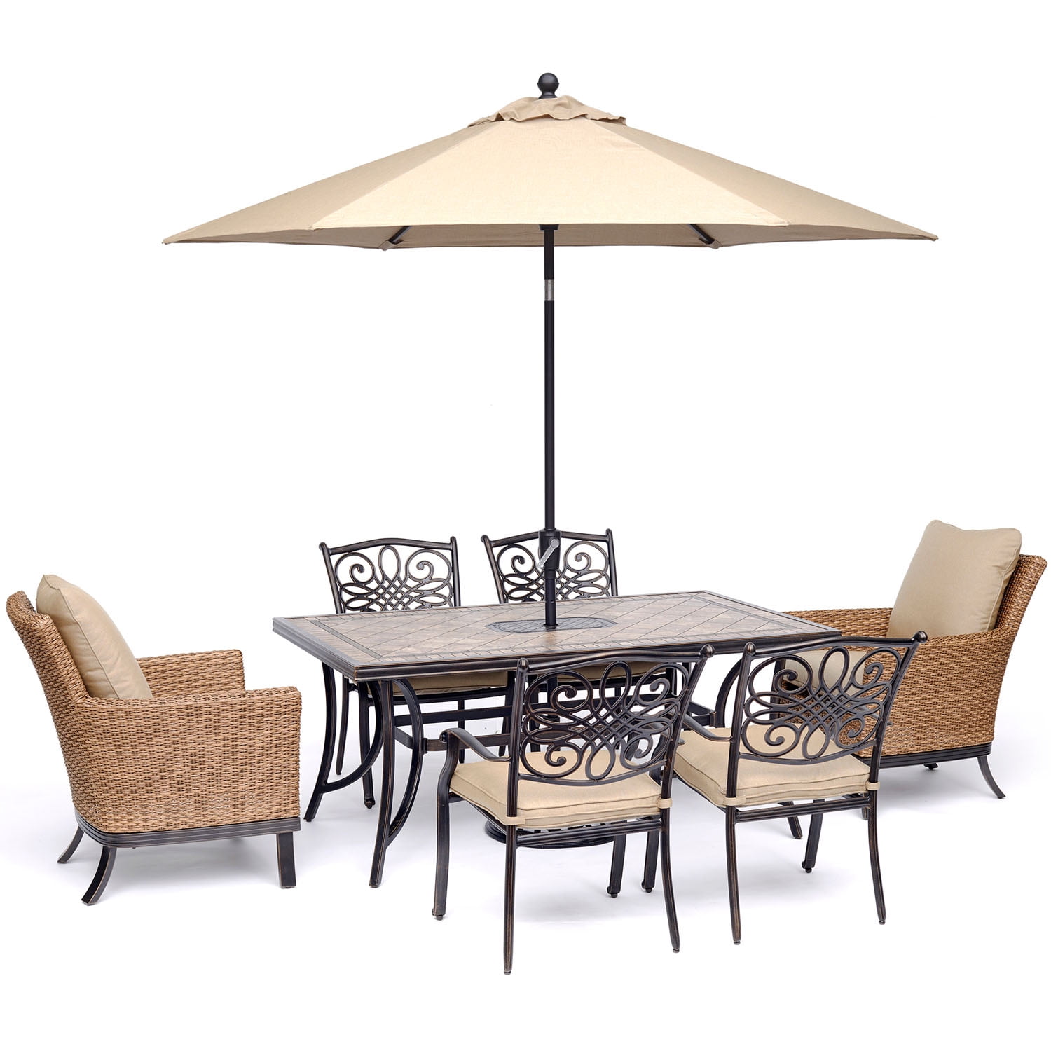 Hanover Monaco 7Piece Patio Dining Set w/ 2 Woven Armchairs, 4 Cast