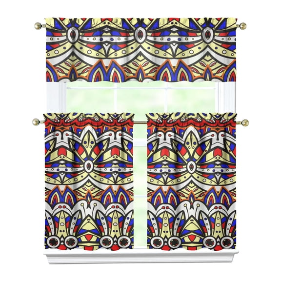 Earthy Boho Kitchen Curtain Tier and Valance Set Bohemian Rustic Artistic Tribal Nordic Style Vintage Rod Pocket Curtains for Home Decorators or Laundry Room Windows