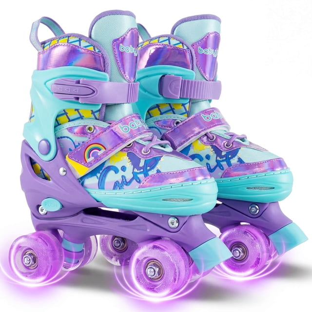 Babyjoy Patins Quads Réglables 4 Tailles avec Roues Lumineuses et Protection de Sécurité pour Débutants 1-4