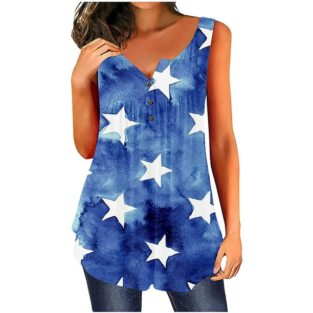 Uscallm 4th of July Shirts Women Summer Tops Button V Neck Tees Tank ...