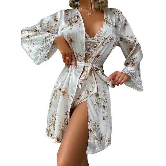 Liacowi 3 Piece Women Pajamas Set Lace Patchwork Long Sleeve Kimono Bathrobe + Lace Bra + Shorts Floral Robe Sets Sleepwear Loungewear