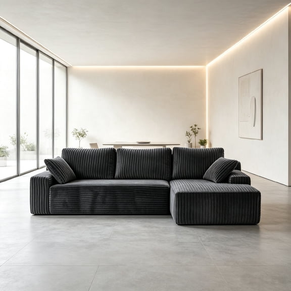Howcool 96" L‑Shaped Modular Sectional Sofa with Deep Seat Chaise,Corduroy 3‑Seat Boneless Cloud Couch,Compressed Sofa for Living Room,No Assembly Required,Right Facing,Gray