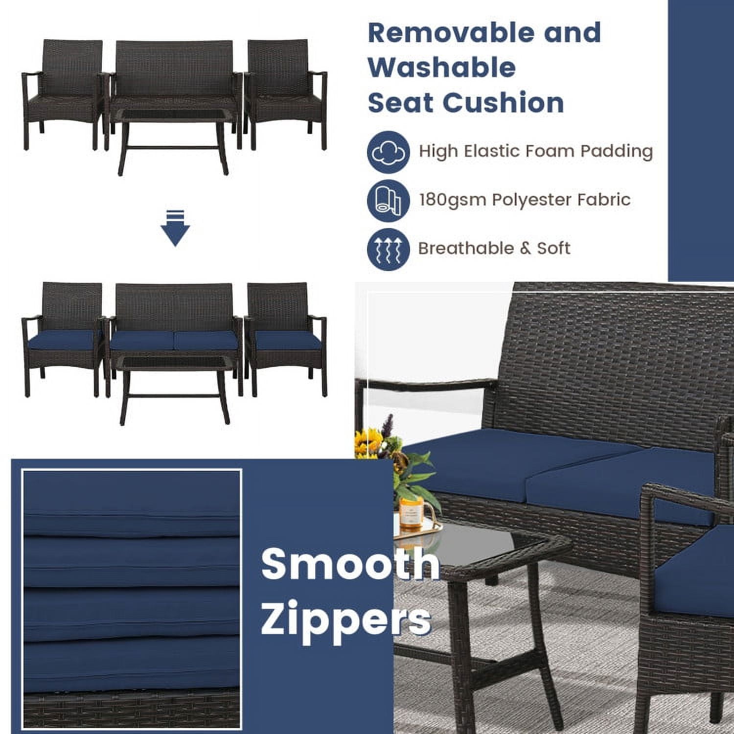 Aimee Lii 4 Pieces Rattan Conversation Set, Patio Table and Chairs Set, Outdoor Patio Set with Tempered Glass Coffee Table, Navy Aimee Lii 4 Pieces Rattan Conversation Set, Patio Table and Chairs Set, Outdoor Patio Set with Tempered Glass Coffee Table, Navy