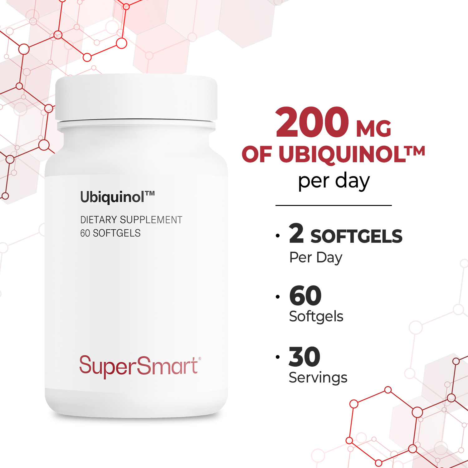 SuperSmart Ubiquinol 200mg per Day (High Absorption) - Patented Keneka CoQ10 Supplement - Active Form of Coenzyme Q10 | Non-GMO & Gluten Free - 60 Softgels