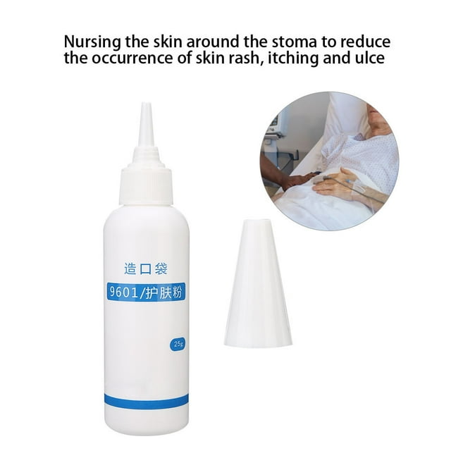 polvo de estoma polvo de ostomía polvo de colostomía polvo protector de estoma cuidado del estoma 25g botella aplicadora blanca con etiqueta azul y boquilla puntiaguda, vista frontal centrada con inserto de persona recostada; según la ficha, contenido 25 g para cuidar la piel alrededor del estoma y reducir picazón y erupciones.