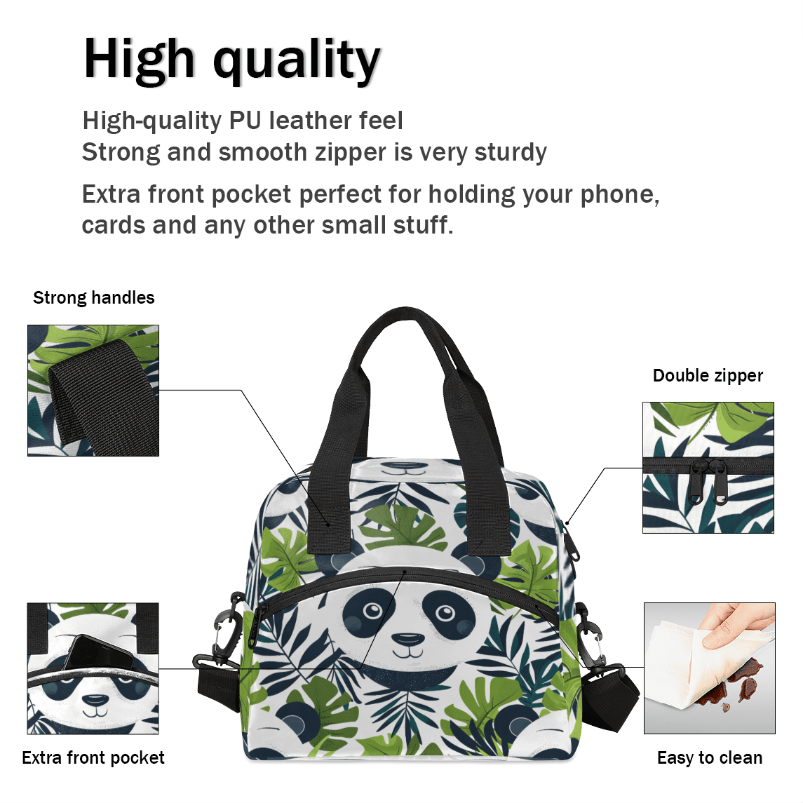 Herdesigns Cute Panda Insulated Lunch Bag for Women Men Adults Large Reusable Lunch Box Green Leaves Leakproof Cooler Tote Bags with Adjustable Shoulder Strap