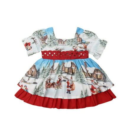 Canis Christmas Toddler Kid Baby Girl XMAS Flared Party Santa Swing Dress Clothes
