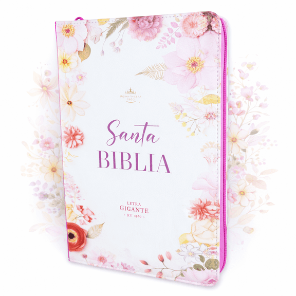 Biblia para Mujer con Cierre Letra Gigante Manual 14 puntos RV1960 imit piel flores violeta con Indice y canto floral