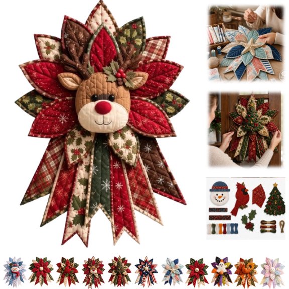 Festive Quilted Christmas Door Hanging DIY Sewing Kit – Complete Bow Craft Set with Fabric Batting Thread Templates, Patchwork Decor for Wall Door Display(E)