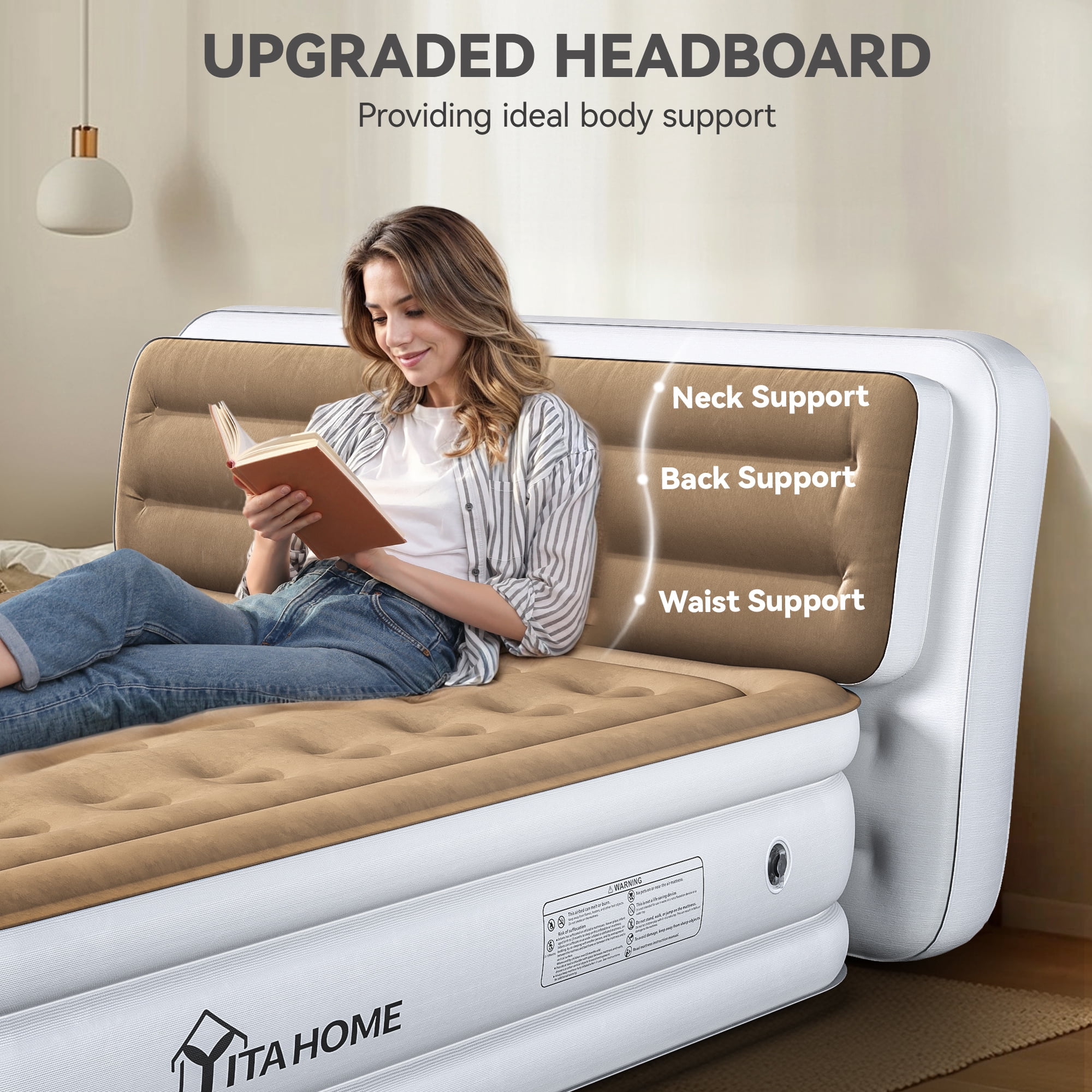 Uforic Queen Size Air Mattress with Pump and Banded Headboard, 18in Luxury Flocked Top Blow up Mattress, Durable Inflatable Mattress for Home & Guests, Khaki Air Bed