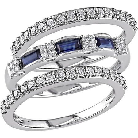 Tangelo 1/2 Carat T.G.W. Blue Sapphire and 1/2 Carat T.W. Diamond 10kt White Gold 3-Piece Ring Set