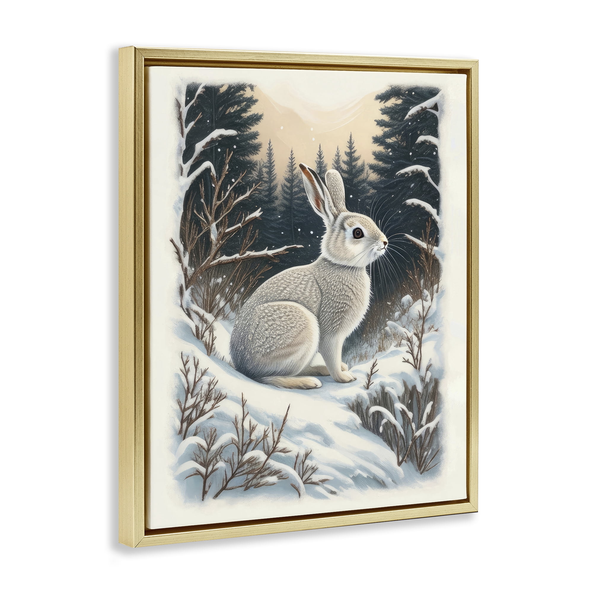 Stupell Industries Rabbit in Winter Forest Animals & Insects Painting Gold Floater Framed Canvas Art Print Wall Art, 17 x 21