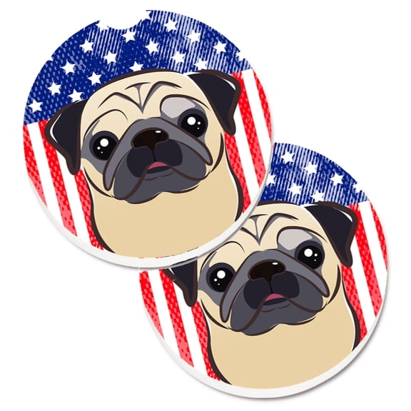 Carolines Treasures BB2192CARC American Flag and Fawn Pug Set of 2 Cup Holder Car Coasters Large multicolor