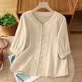 thumbnail image 7 of Womens Tops Embroidery Elbow Length Sleeve T-Shirts for Women Button Down V Neck Summer Dressy Casual Tshirts, 7 of 7