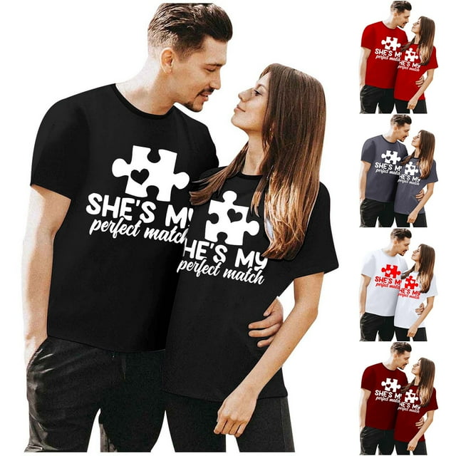 Chandails Mignons pour Couples Assortis de la Saint-Valentin, T-Shirt Décontracté à Manches Courtes à Col Rond, Blouse Ample à Imprimé de Lettres, T-Shirt Confortable, Doux et Respirant, Blouse pour Lui et Elle, Tee Rouge TG