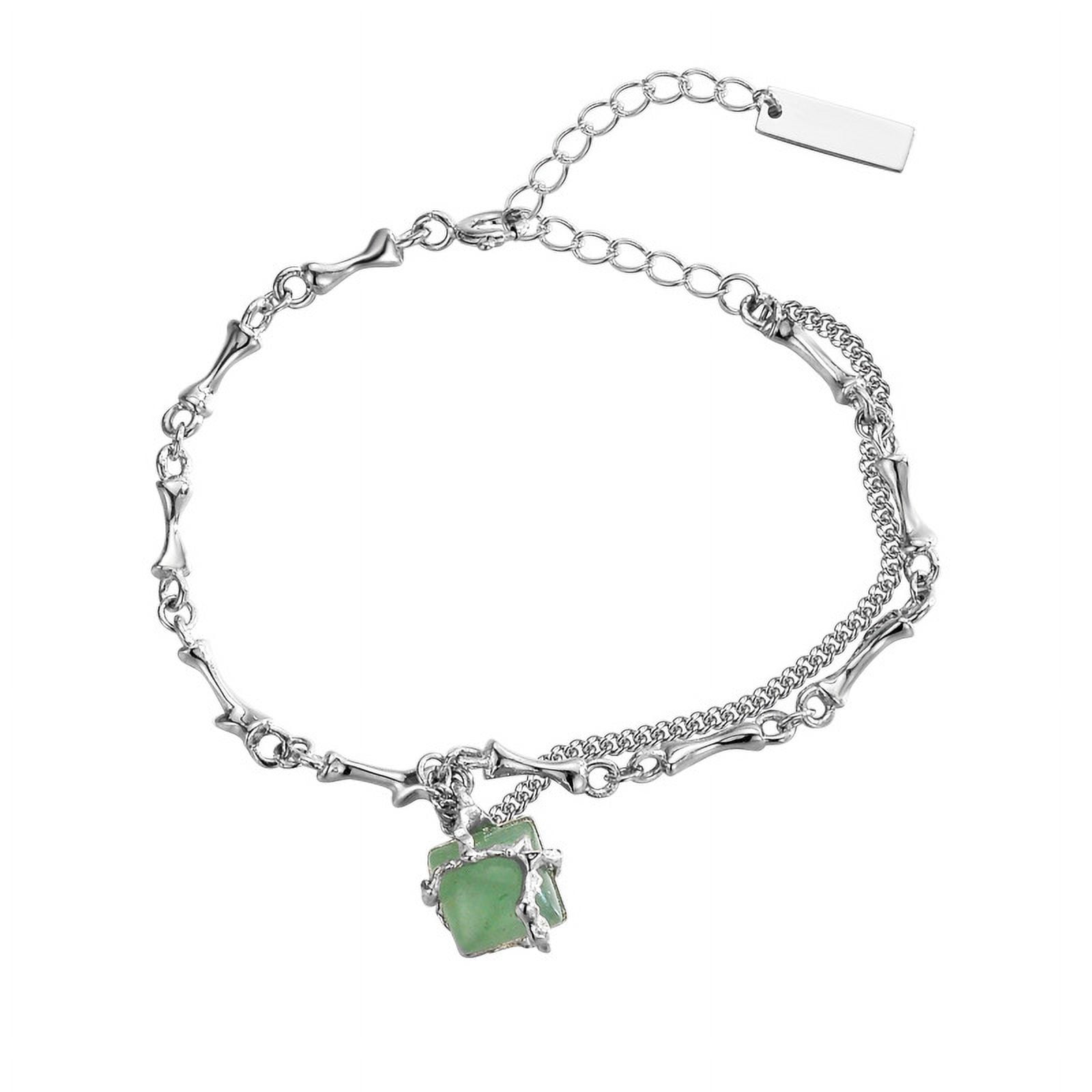 Wollet S925 Sterling Silver Bracelet, Green Dongling Jade Bracelet for Women(14.5+3.5cm) 7 inches