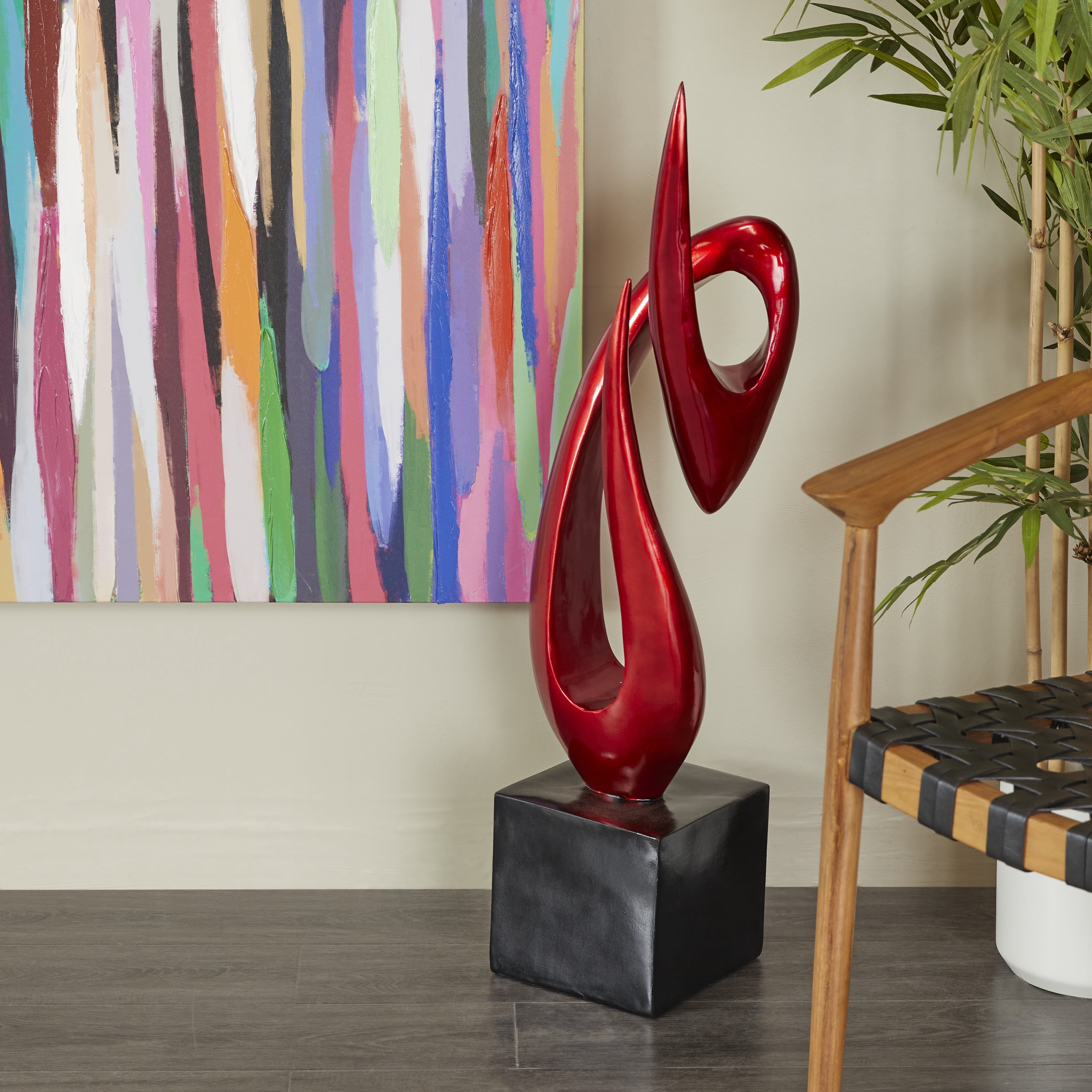 8" x 40" Red Polystone Swirl Abstract Sculpture with Black Base, by DecMode