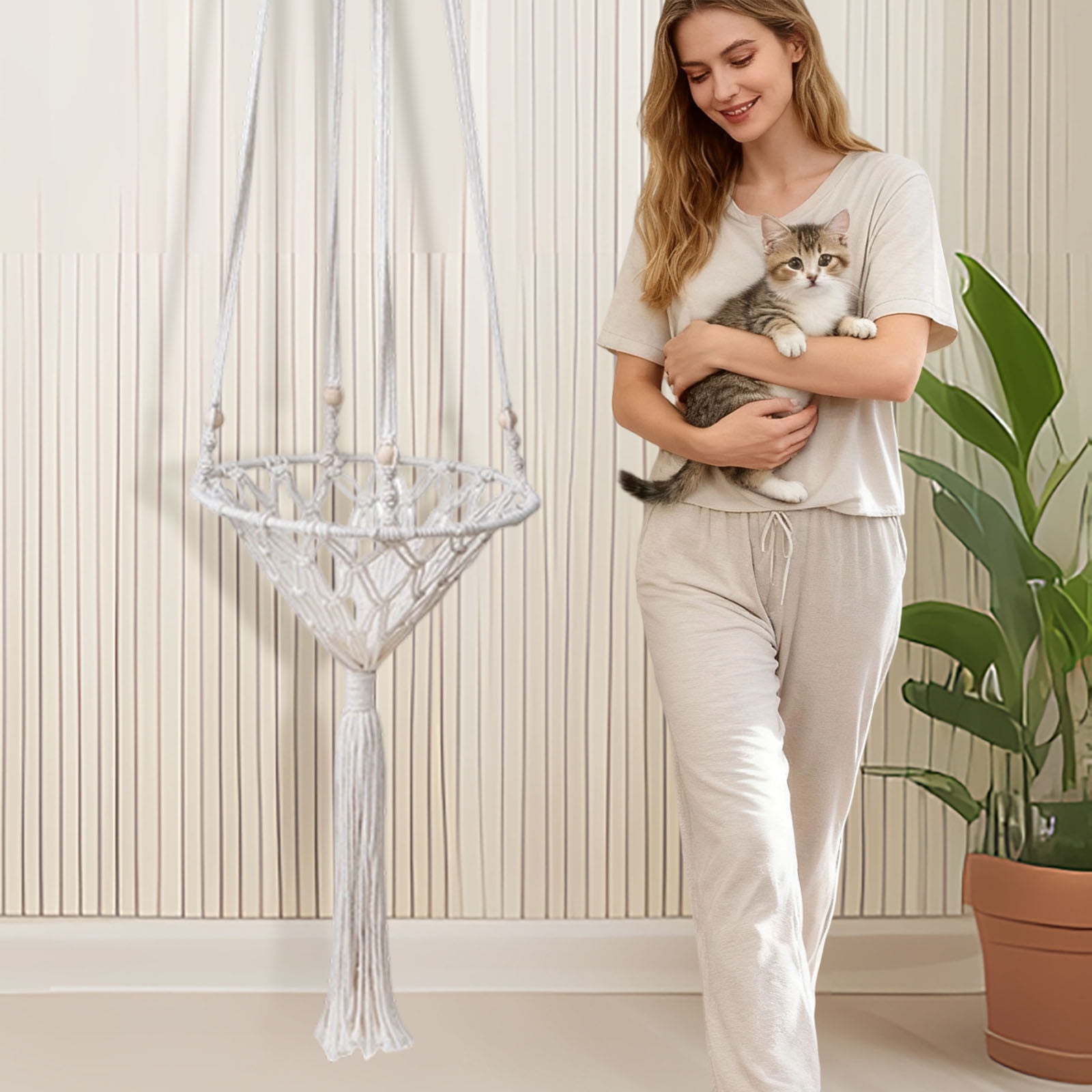 Boho Cat Hammock Wall Mounted - Macrame Hanging Cat Bed, Window Perch Pet Swing for Indoor Cats, Handwoven Cat Nest for Sleeping, Playing, and Climbing