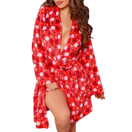 

Fashion Women Pajamas Women S Autumn And Winter Christmas Print Belted Nightgown Long Sleeved Pocket Thickened Home Dress Bathrobe