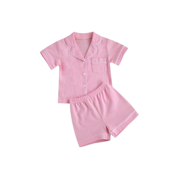 Xingqing Toddler Baby Girl Boy Summer Two Piece Pajamas Set Button Down Short Sleeve Shirt With Shorts Outfits Pink