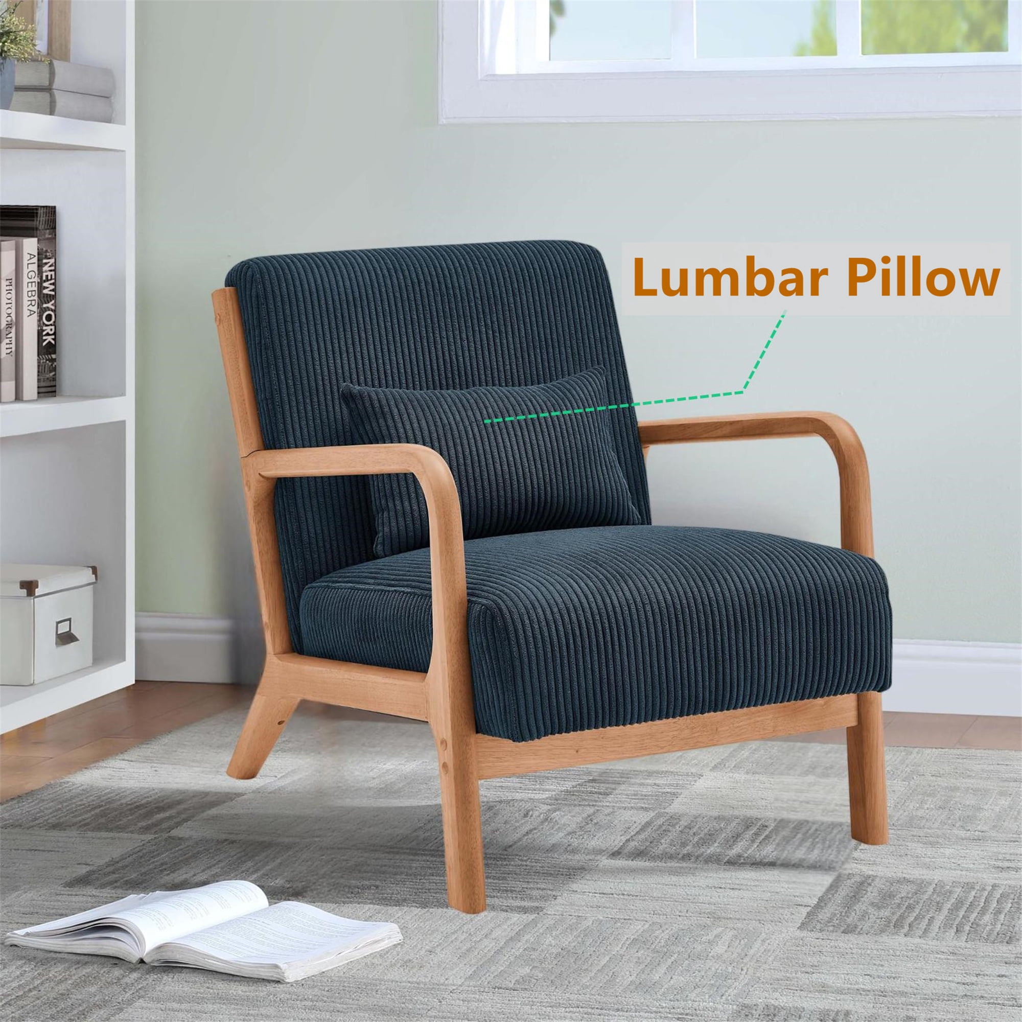Aukfa Corduroy Mid Century Modern Accent Chair w/ Wood Frame&Pillow for Living Room, Peacock Blue
