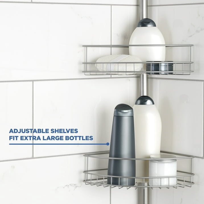 Mainstays 4 Tier Steel Tension Pole Shower Caddy with 3 Baskets & Soap Tray Shelf, Satin Nickel