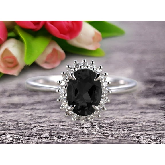 1.50 Carat Oval Cut Black Diamond Moissanite Engagement Ring With 10k White Gold Halo Flower Prong Set