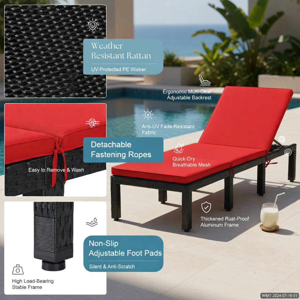 Hommoo Adjustable Height Outdoor Rattan Lounge Chair with Cushion, PE Wicker Patio Chair for Poolside, Garden, Porch, Red & Off-White