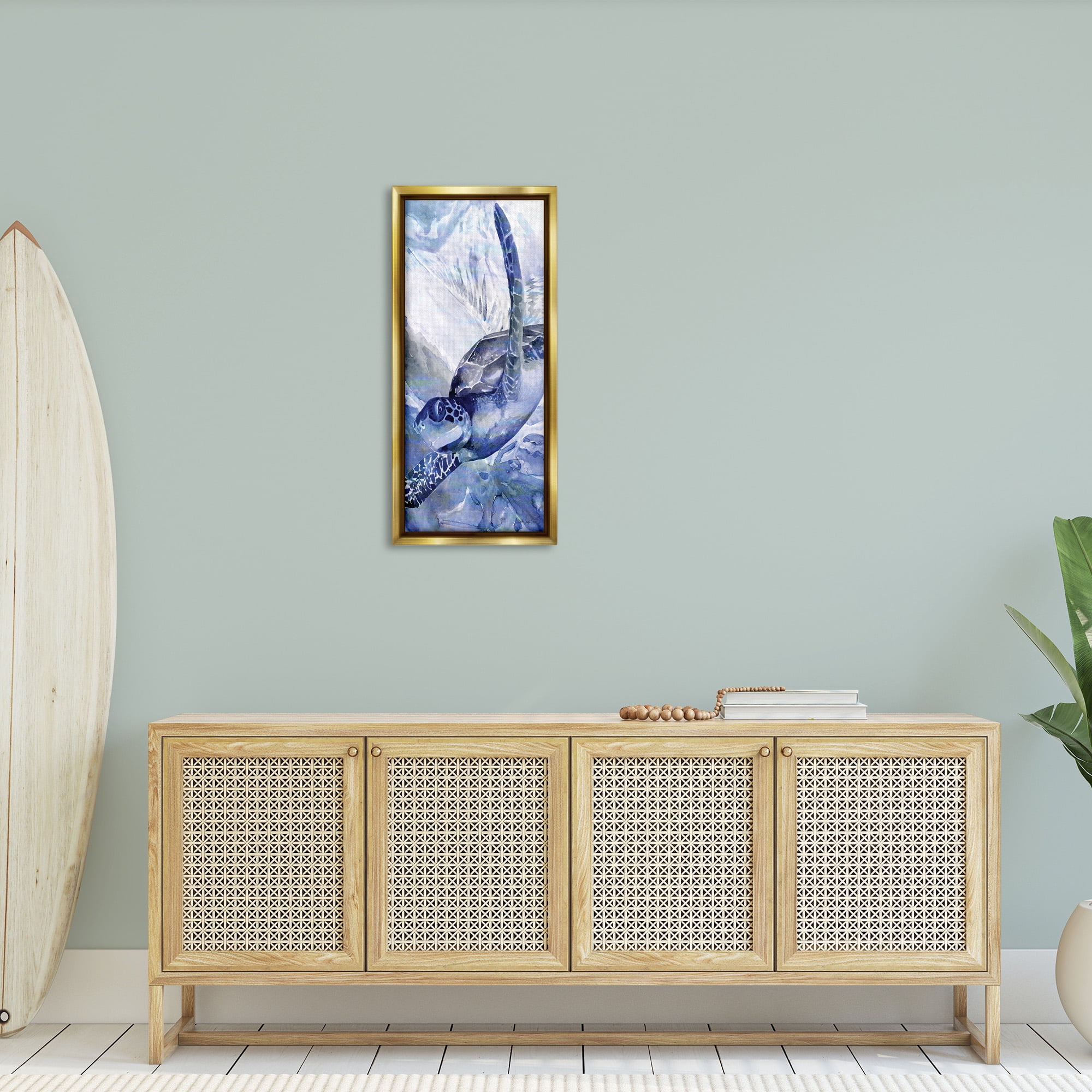 Stupell Industries Sea Turtle Swimming In Ocean Animals & Insects Painting Gold Floater Framed Canvas Art Print Wall Art, 15 x 31
