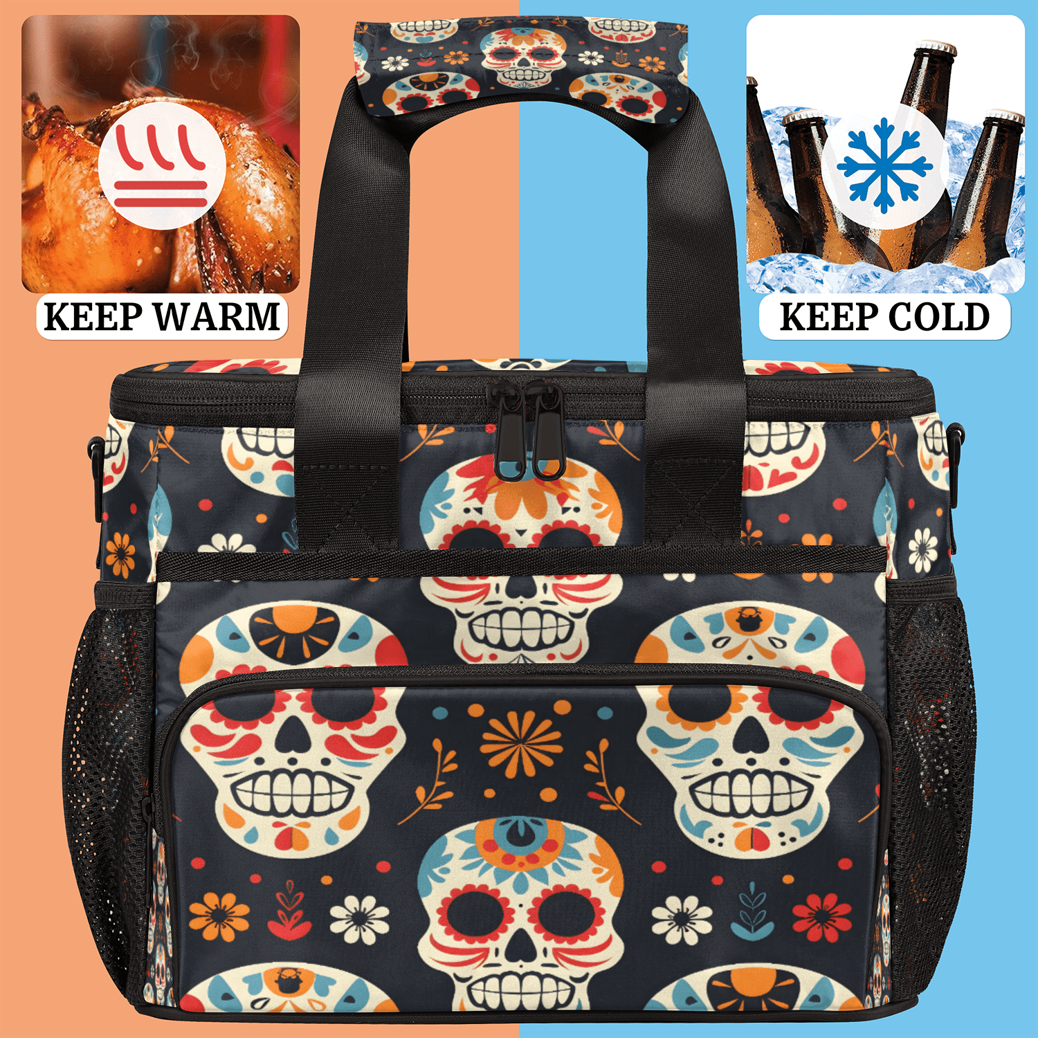 Herdesigns Sugar Skull Floral Large Lunch Box for Adults Women Men with Adjustable Shoulder Strap, Insulated Reusable Lunch Bag Leakproof Cooler Tote Bag