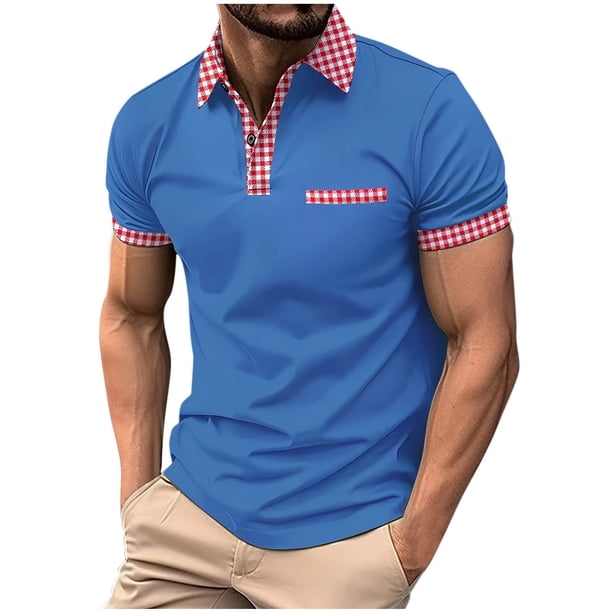 Blusa de Manga Corta de los Hombres Bloque Botones de Color Al Aire Libre Bolsillo Cuello de Vuelta, Mezcla de Rayón Poliéster para Casual Diario