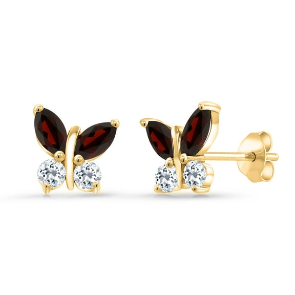Gem Stone King 18K Yellow Gold Plated Silver Marquise Red Garnet and White Topaz Butterfly Earrings for Women (1.60 Cttw, Gemstone January Birthstone, Center Stone: 6X3MM, Small Stones: 3MM)