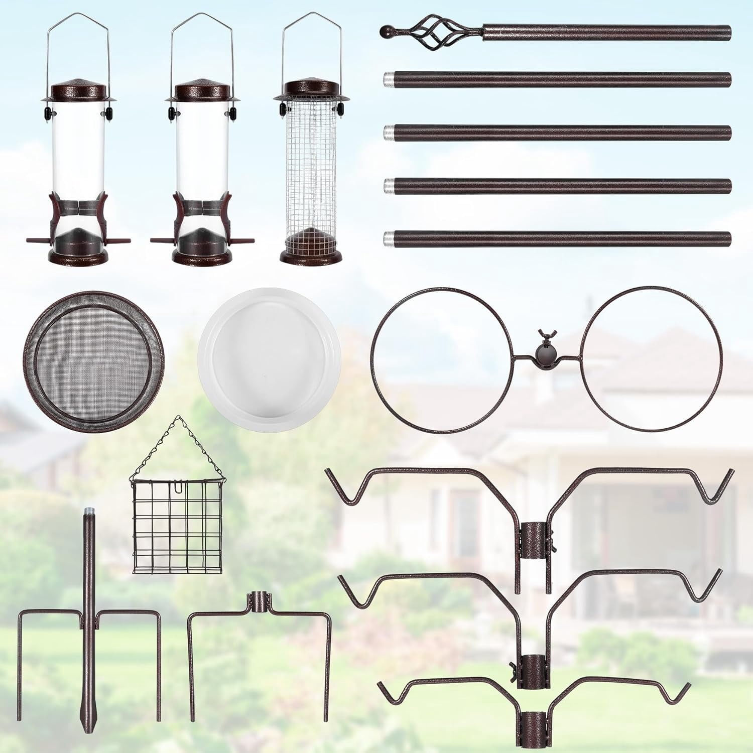 6-Hook Bird Feeding Station Kit, 94 Inch Heavy Duty Bird Feeder Stand Pole for Outdoors Hanging with 4 Feeders, Wide Metal Squirrel Baffle, Attracting Wild Birds
