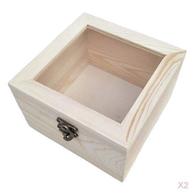 2 cajas de madera sin pintar con tapa transparente y cerradura para exhibir rocas. El 18x18x7cm