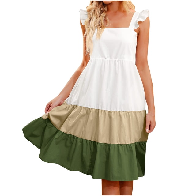 Vestidos Para Mujer Midi Vestidos Vestido Sólido Volante Correa Sin Mangas Cuello Cuadrado Patchwork Casual Swing Odeerbi ODB165065