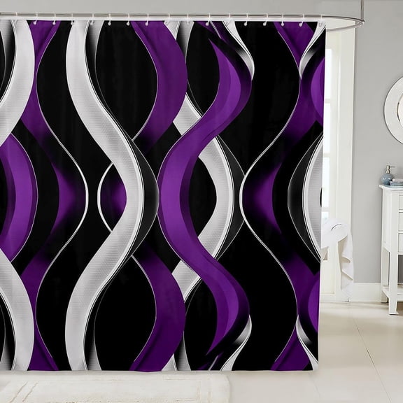 Purple And Black Abstract Wave Shower Curtain Modern Geometric Bathroom Decor Waterproof Fabric Curtain with Hooks 71x71 inches
