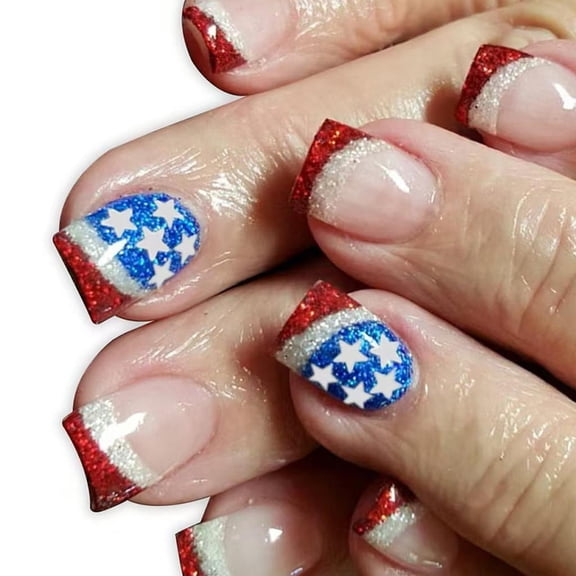 4th of July Glues on Nails Short Square Fake Nails Independence Day French Tip Artificial Acrylic Nails