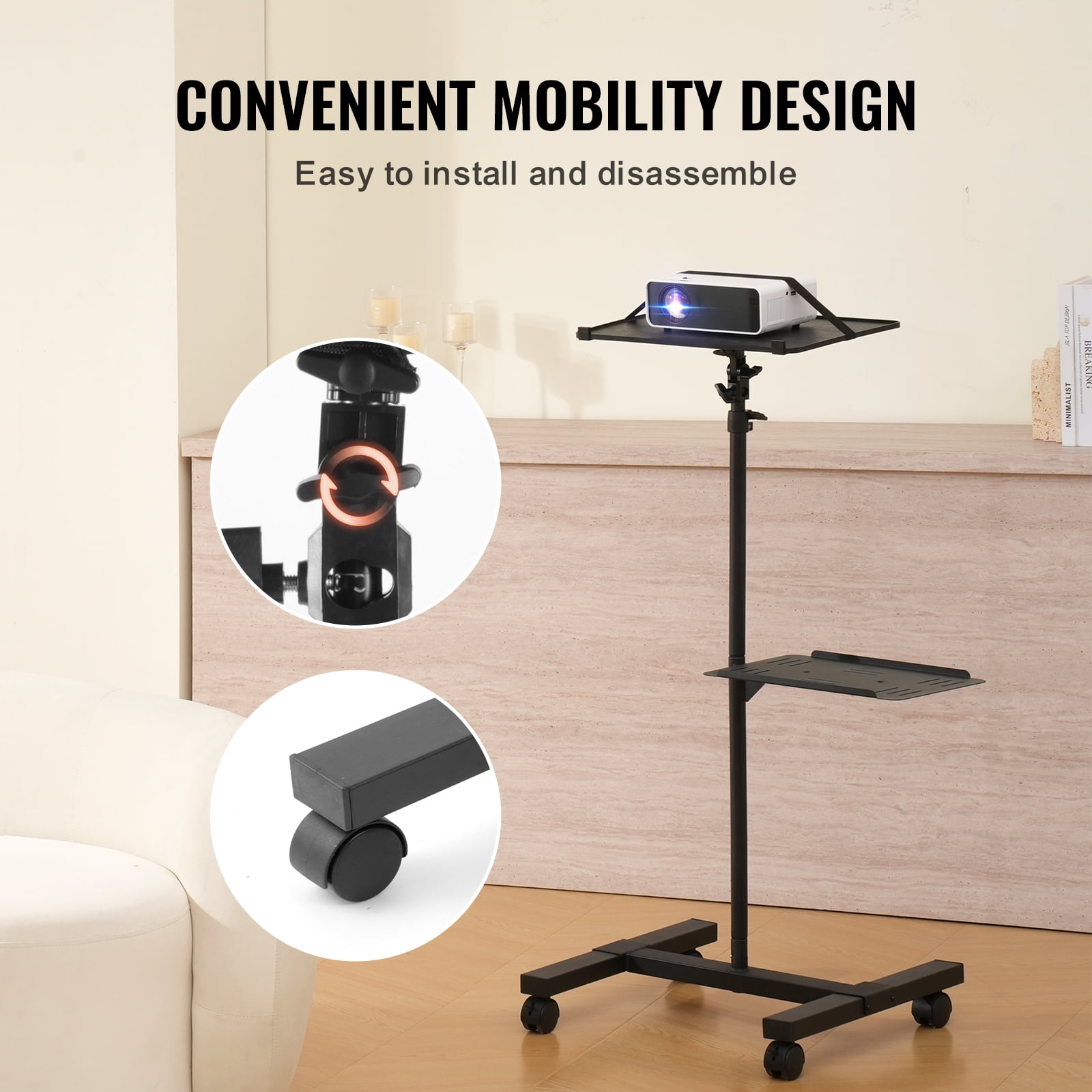 KFFKFF Mobile Projector Stand, Flexible Projector Floor Stand with Height Range of 22.8 to 57.3 inches, Projector Holder with Dual Platforms, Suitable for Outdoor Cinema, Household, Workplace