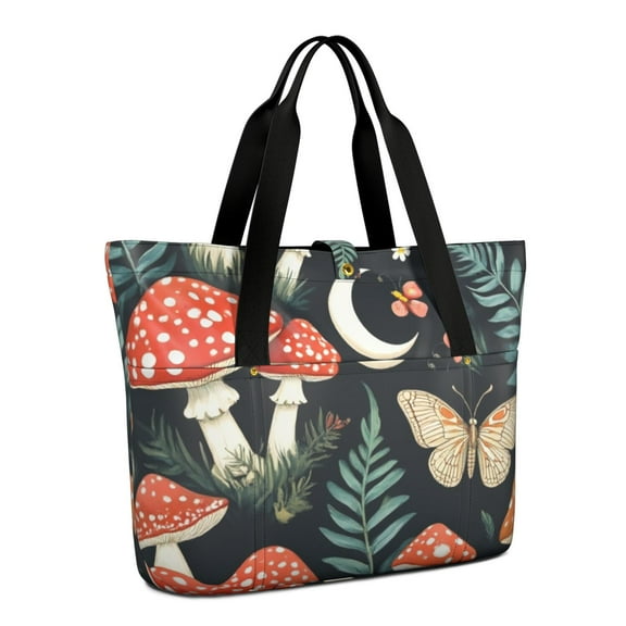 Tote Bag for Women - Mushrooms Butterflies Moon Pattern Shoulder Bag - Large Utility Work Duffle Bag with Zipper Handbag for Travel, Work, Sprots