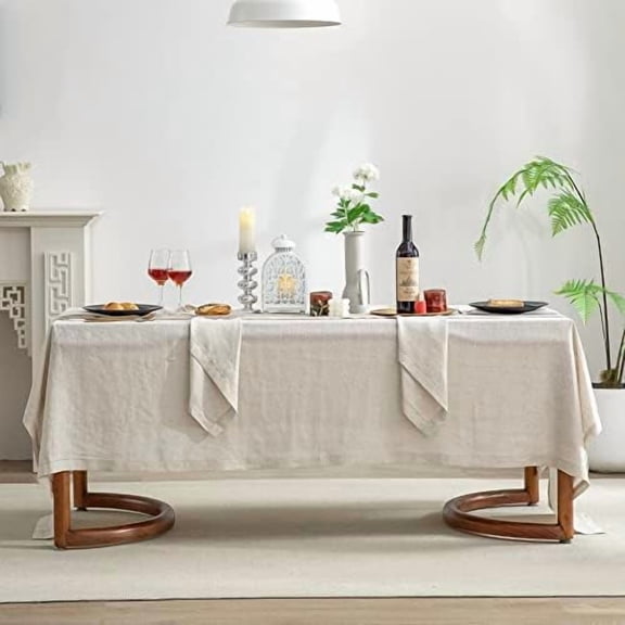 Pure Linen Hemstitch Tablecloth,100% Stonewashed French Linen tablecloths for Kitchen Dining Rectangle Tables,60x84Inch Machine Washable Christmas Thanksgiving Organic Tablecloth-Natural Linen