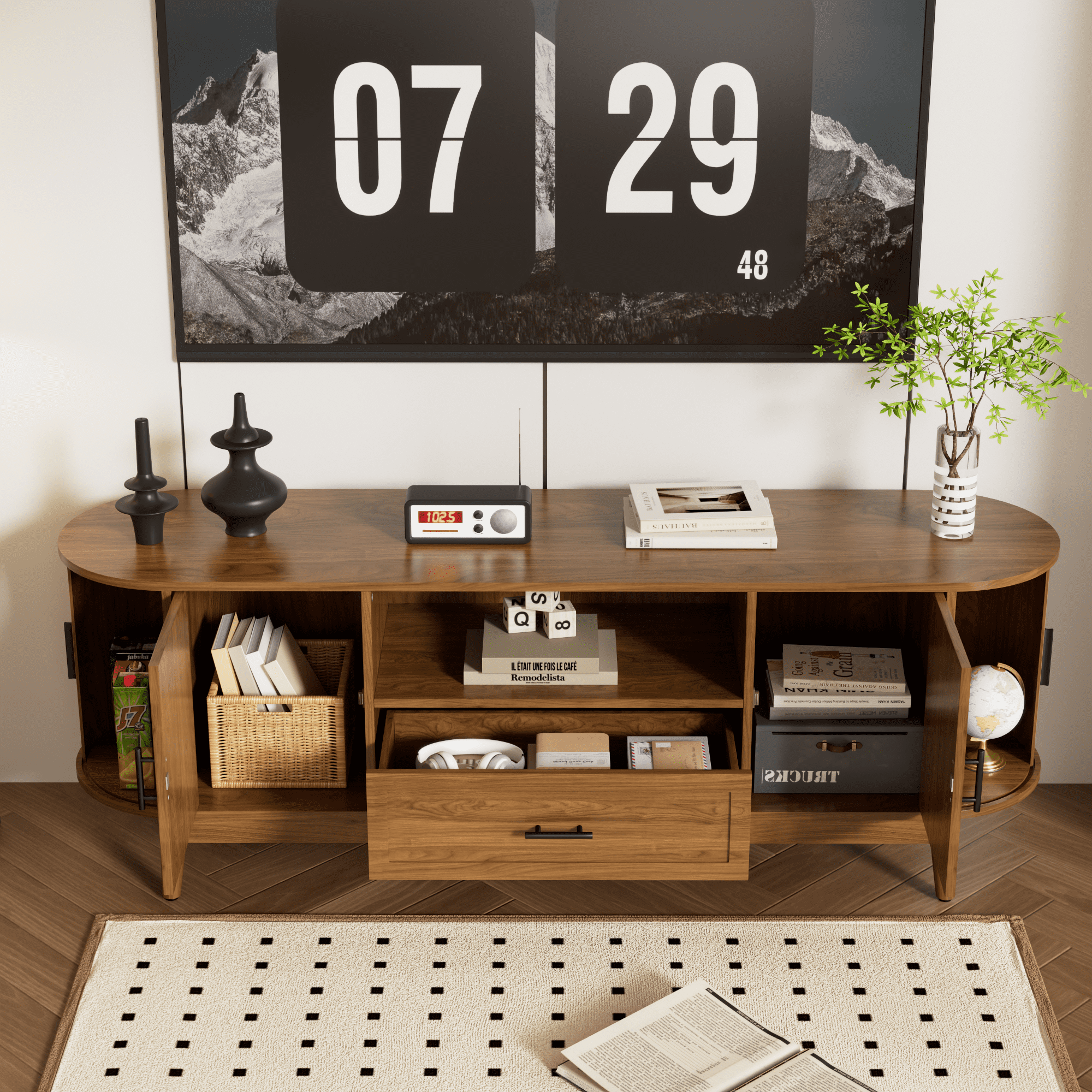 63" TV Stand for Tvs up to 70", Mid Century Modern Fluted Entertainment Center with Drawer and Fluted Doors, Media Console for Living Room Bedroom, Walnut