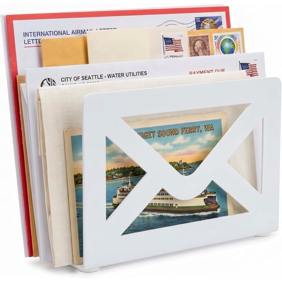 MyGift White Metal Desktop Mail Holder with Cutout Envelope Design Home and Office Desk Letter Organizer