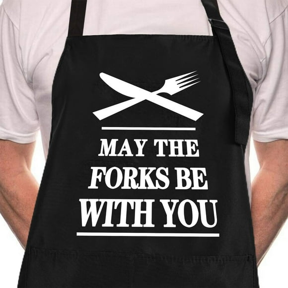 Rosoz Funny Bbq Delantales De Chef Negros Para Hombres May The Forks Be With You Delantales De Cocina Ajustables Con Bolsillo Impermeable A Prueba De Aceite Día Del Padre/Cumpleaños