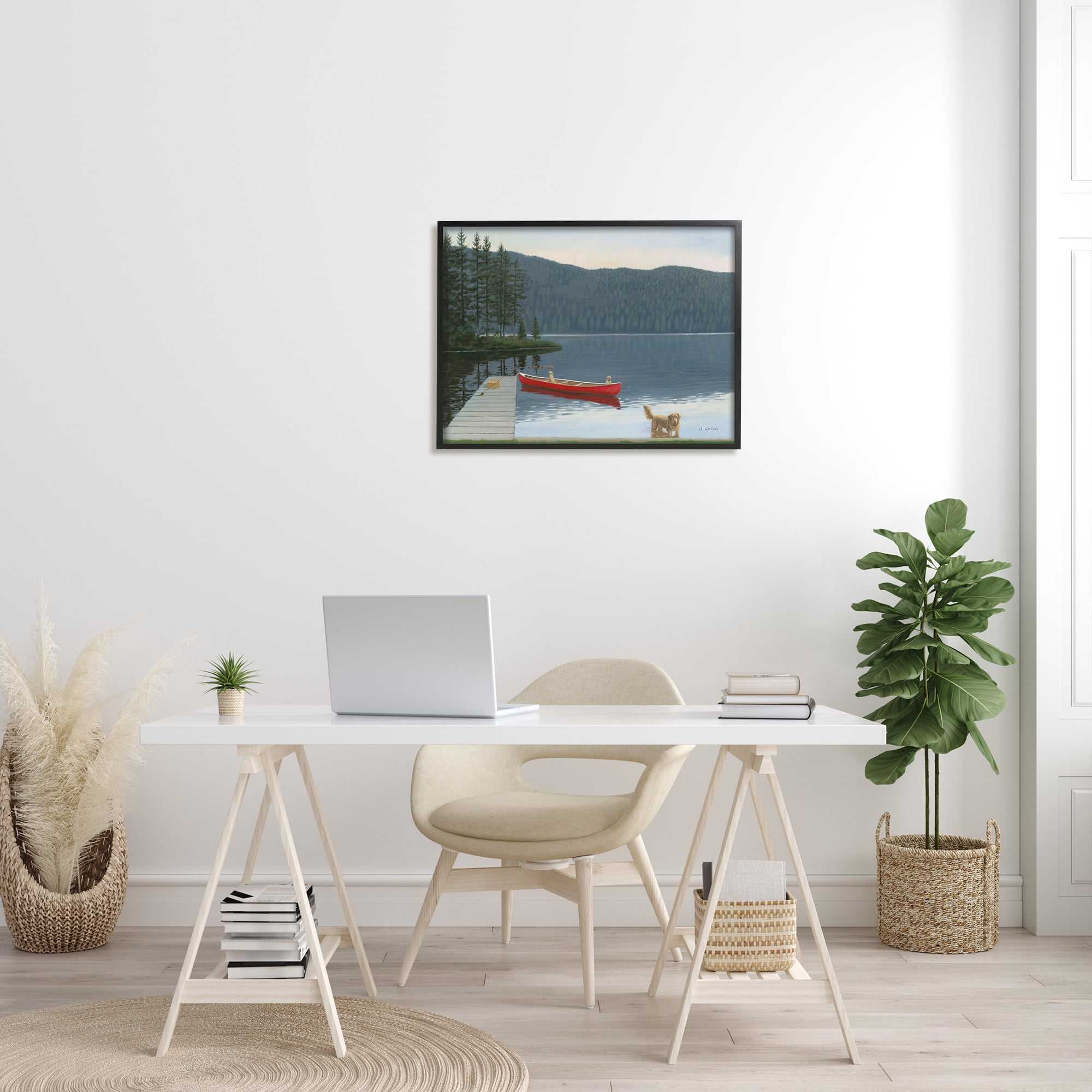 Stupell Industries Docked Row Boat Lake Forest Landscape Pet Dogs, 30 x 24, Design by James Wiens