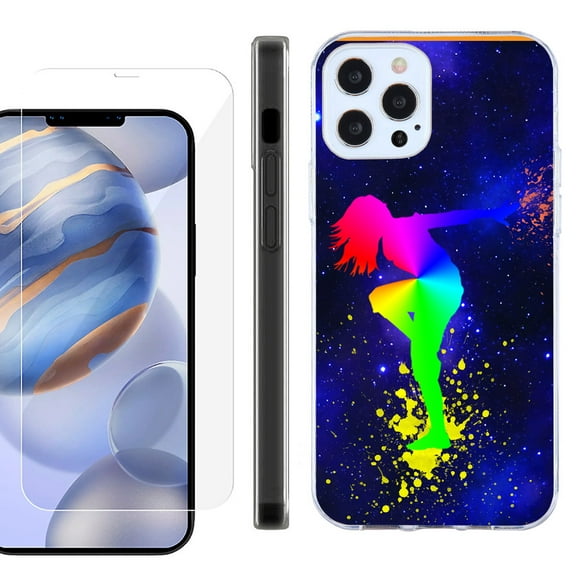 Slim Fit Protective Phone Case for Apple iPhone 12 / iPhone 12 Pro, with Tempered Glass Screen Protector, by OneToughShield ® - Cosmos Dance